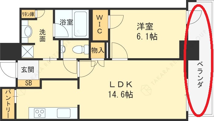 グランドメゾン新梅田タワー　1LDK図面（バルコニー）