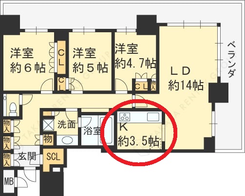 ブランズタワー梅田North　3LDK図面（キッチン）