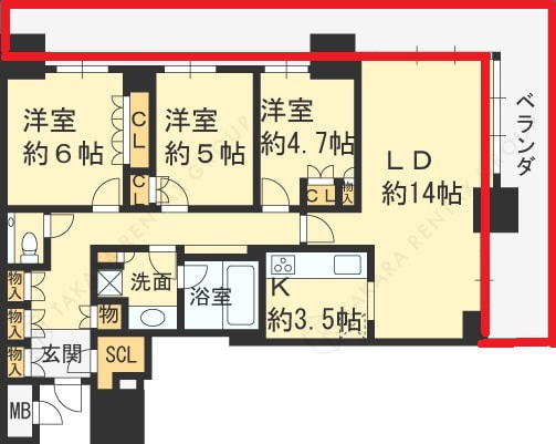ブランズタワー梅田North　3LDK図面（バルコニー）