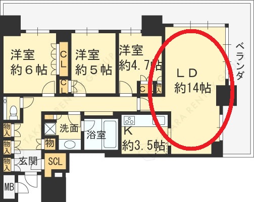 ブランズタワー梅田North　3LDK図面（リビング・ダイニング）