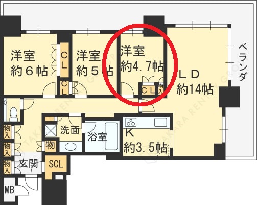ブランズタワー梅田North　3LDK図面（洋室4.7帖）