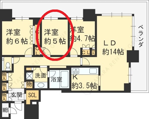 ブランズタワー梅田North　3LDK図面（洋室5.0帖）