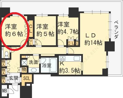 ブランズタワー梅田North　3LDK図面（洋室6.0帖）